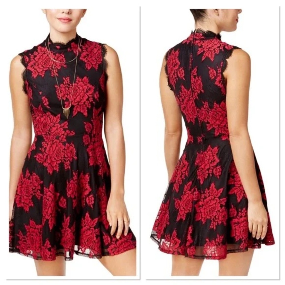 City Studio Elegant Red Floral Lace Dress